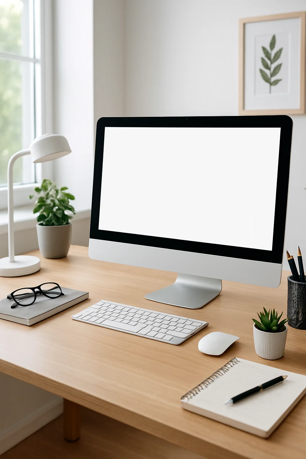 Minimalistisk hjemmearbejdsplads med stor computerskærm, tastatur, notesbog, briller og grønne planter på et lyst træskrivebord ved et vindue.