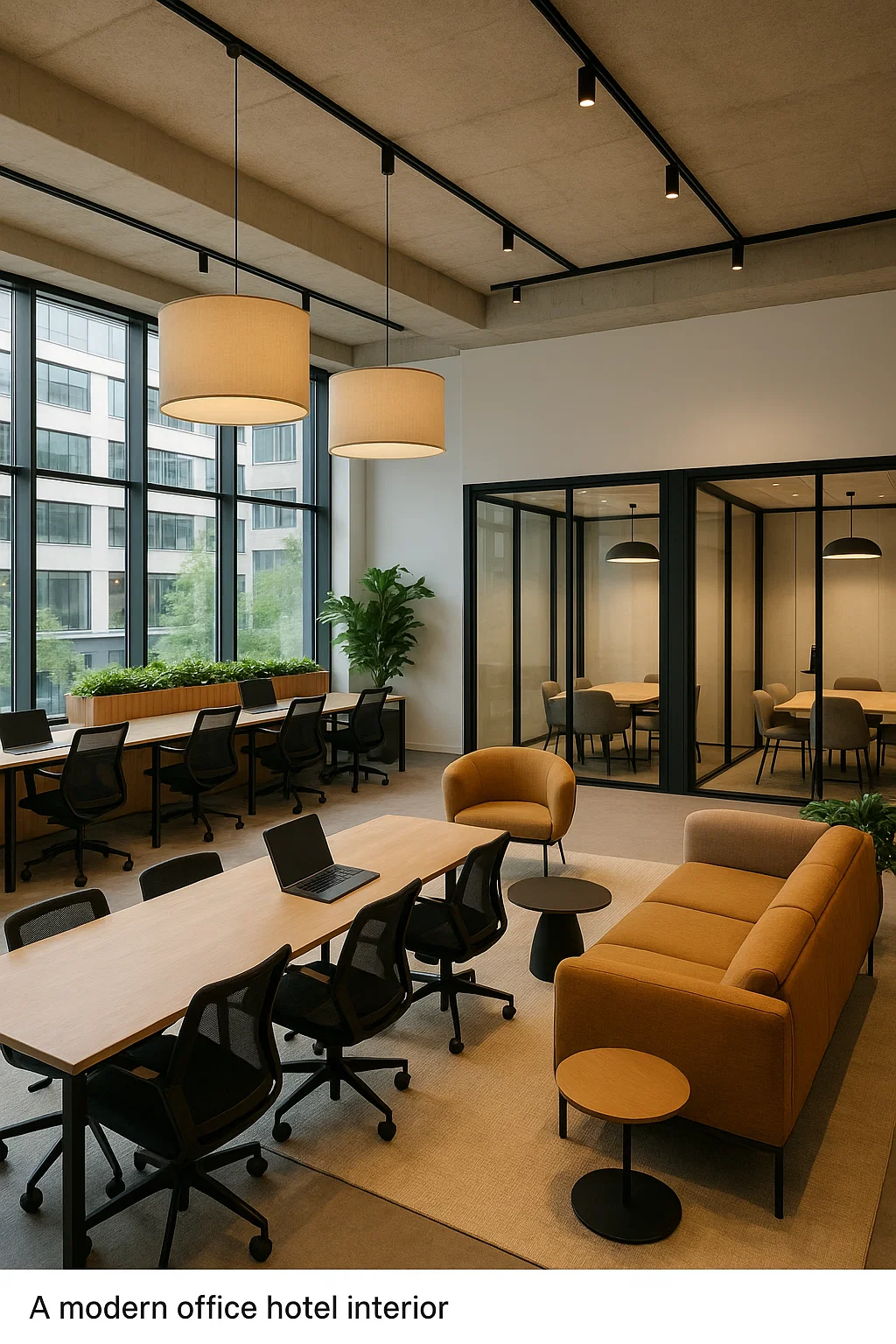 Et lyst og moderne kontorhotel med store vinduer, fælles arbejdsområder, mødelokaler med glasvægge og komfortable loungeområder.