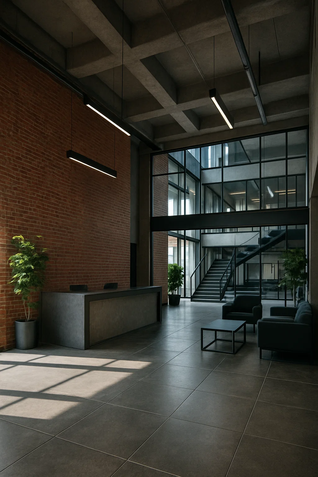 Indvendig visning af en moderne kontorlobby med højt til loftet, store vinduer, murstensvægge og et receptionsskrivebord. Der er sorte sofaer, sofaborde og grønne planter, samt en trappe der fører op til anden sal bag glasvægge.